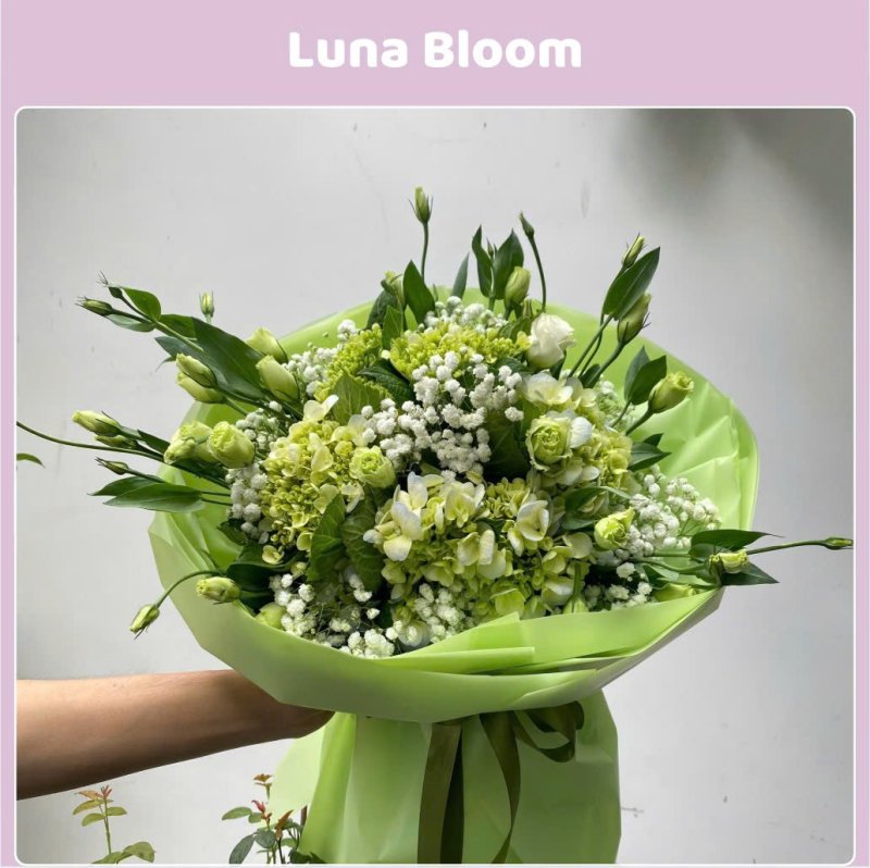 Bó Cẩm Tú Cầu Tone Xanh Lá, Dáng Tròn